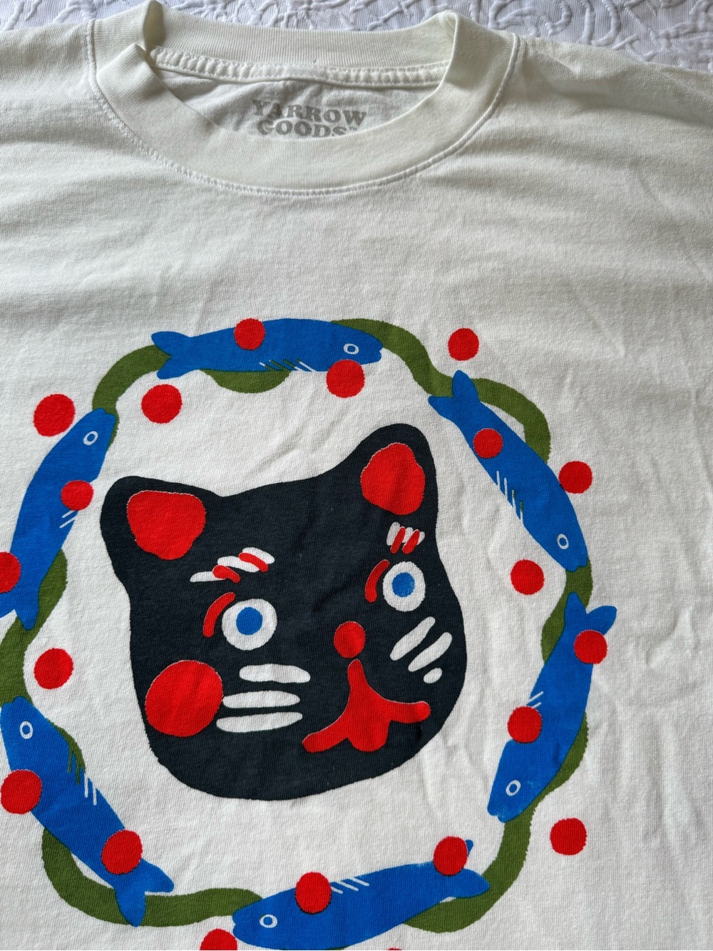Yarrow Goods XL Black Cat Fish Graphic Tee Folk Art Cotton Cream T Shirt Unisex - Picture 2 of 8